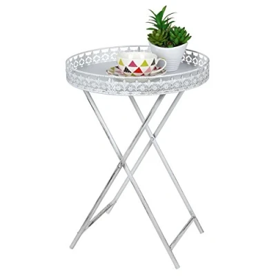 Abbildung von Spetebo Shabby Chic Beistelltisch mit Tablett Antik Sofatisch Couchtisch Metall Blumen Tisch weiß