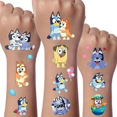 Abbildung von Blue Tattoo Kinder, 8 Blätter Temporäre Kinder Tattoos, Cartoon Tattoos Set, Wasserdichte Kindertattoos, geburtstags geschenk Party dekoration