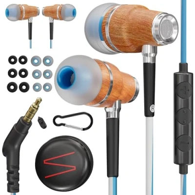 Abbildung von Symphonized® In Ear Kopfhörer mit Kabel und Mikrofon HD, Premium Noise Cancelling kopfhoerer Ear, 8 mm Bass, 3D Sound aus Bubinga Holz, Lautstärkeregler für Mobilgeräte, PCs Tablets. NRG