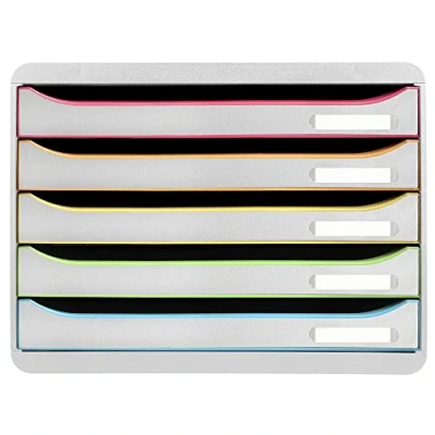 Abbildung von Exacompta 308913D Ablagebox Harlekin mit 5 Schubladen für DIN A4+ Dokumente. Belastbare Schubladenbox hoher Kapazität mehr Platz auf dem Schreibtisch Big Box Plus Horizon WeißBunt