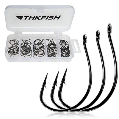 Abbildung von THKFISH 50PCS Angelhaken Angelzubehör Offset Haken Set Wurmhaken Wallerangeln Dropshot #3#2#1 1/0 2/0