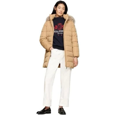 Abbildung von Tommy Hilfiger Damen Daunenmantel Heritage Down Tyra Coat With Fur mit Taschen, Grün (Classic Khaki), L