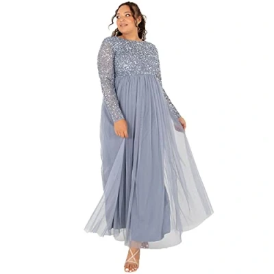 Abbildung von Maya Deluxe Damen Taupe Blouse Korte Mouwen Stripe Bridesmaid Maxi Jurk Formales Kleid, Dusty Blue, 56 EU