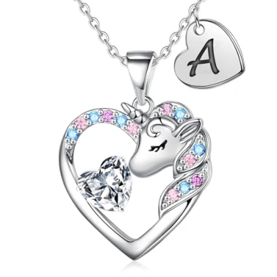Abbildung von TINGN Einhorn Geschenke für Mädchen Kette 8 9 10 11 12 Jahre mit Buchstaben A Kinder