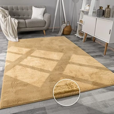Abbildung von Paco Home Hochflor Teppich Wohnzimmer Flauschig Fellteppich Kunstfell Plüsch Shaggy Weich Fellimitat, Grösse: 160x220 cm, Farbe: Gelb