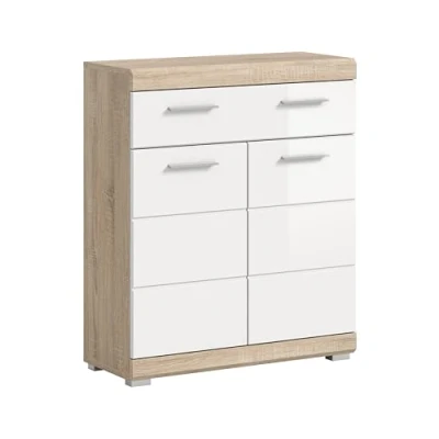 Abbildung von xonox.home Bad Lambada X06F1703 Kommode Standschrank Schrank breit in weiß Hochglanz und Sonoma Eiche hell, ca. B/H/T 74x88x31