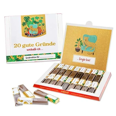 Abbildung von SURPRISA Aufkleber Set &#039;20 Gründe&#039; für Merci Schokolade, 20 gute Gründe fürs Single sein, kreatives Geschenk Freund Freundin