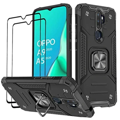Abbildung von KANSi Hülle kompatibel für Oppo A9 2020 / A5 2020, Schutzfolie [2 Stück] Silikon TPU Hart PC Handy Hüllen 360 Grad Drehbar Ringhalter Bumper Stoßdämpfung Schutzhülle Schwarz