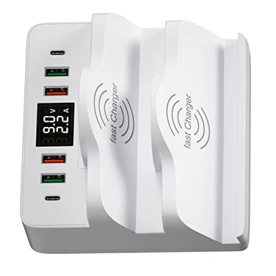Abbildung von Braveking1 80W 6 Anschlüssen USB Ladegerät, Ladestation mit PD Schnellladegerät QC 3.0 Anschluss, Dual Kabelloses LCD Display, C Lade Desktop Hub für iPhone iPad Samsung