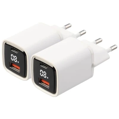 Abbildung von revolt USB Adapter Ladegerät: 2er Set 2 Port Netzteile mit A &amp; C, QC 3.0, PD, Display, 33 W (USB Stecker Ladegerät, Smartphone Akku Messgerät)