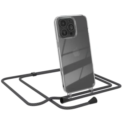 Abbildung von EAZY CASE Handytasche zum Umhängen kompatibel mit iPhone 13 Pro, Handyhülle Band, Transparent Kameraschutz und Bildschirmschutz, Handy Lanyard in Schwarz/Anthrazit Clips Schwarz
