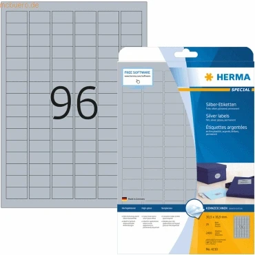 Abbildung von HERMA 4110 Wetterfeste Folienetiketten silber, 25 Blatt, 30,5 x 16,9 mm, 96 pro A4 Bogen, 2400 Stück, selbstklebend, bedruckbar, glänzend, blanko Klebeetiketten Aufkleber aus Folie