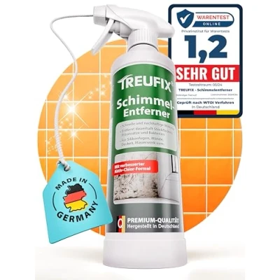 Abbildung von Treufix Schimmelentferner [Verbesserte Aktiv Chlor Formel] Schimmelspray für Wand, Bad, Silikonfugen, Tapete u.v.m. gegen hartnäckigen Schimmel, Stockflecken &amp; Schimmelpilz Made in DE