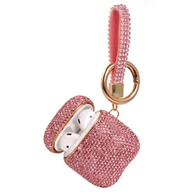 Abbildung von Sparkly Diamond Case for AirPods with Keychain, Shockproof Protective Premium Bling Rhinestone Cover Skin Compatible Charging 2 &amp; 1 (Pink Keychain)