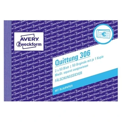 Abbildung von AVERY Zweckform Quittung, MwSt. separat ausgewiesen Formularbuch 306 2 x 50 Blatt
