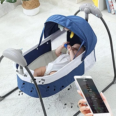 Abbildung von Babyschaukel, Tragbare Elektrische Babywippe mit Fernbedienung Automatik schaukel Intelligenter Schaukelwiege 5 Gang Drei Modi Swing Babywiege ab der Geburt bis18kg (Blau)