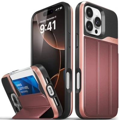 Abbildung von VENA vCommute Brieftaschen Schutzhülle, kompatibel mit Apple iPhone 16 Pro Max (6,9 Zoll), Fallschutz in Militärqualität, Klappetui, Kartenschlitz, Halter Ständer, Roségold/Rot