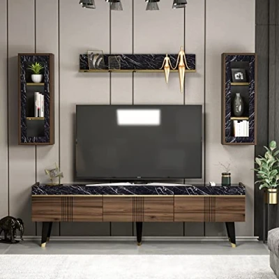 Abbildung von Homidea KARYA Wohnwand Wohnzimmer TV Set Schrank Lowboard Fernsehtisch Möbel mit 3 Türen in modernem Design (Nussbaum/Marmor)