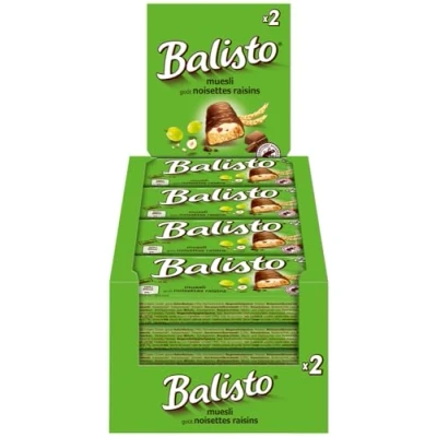 Abbildung von Balisto Riegel Müsli 4x 20x37g Keks mit Vollkorn und einer Crème Haselnussgeschmack Rosinen, umhüllt von Milchschokolade Schokoriegel Snack Schokolade