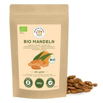 Abbildung von Mandeln BIO 500g von Munchilycious, rohe Mandeln, ungeröstete und ungesalzene Nüsse Snacks, Keto, Perfekt für die Zubereitung Mandelmilch Mandelmehl
