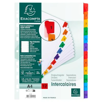Abbildung von Exacompta Ref. 1112E Karton mit 20 Registern aus weißem Karton, 160 g/m², FSC® 12 digital bedruckten von 1 bis Farben, Indexseite bedruckbar, für DIN A4, Maße: 22,5 x 29,7 cm
