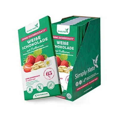 Abbildung von Simply Keto Zuckerreduzierte Erdbeer Weiße Lower Carb* Schokolade mit Stückchen ohne Zuckerzusatz Gesüßt Erythrit 65% weniger Zucker Glutenfrei &amp; sojafrei Maltit 12 x 125g
