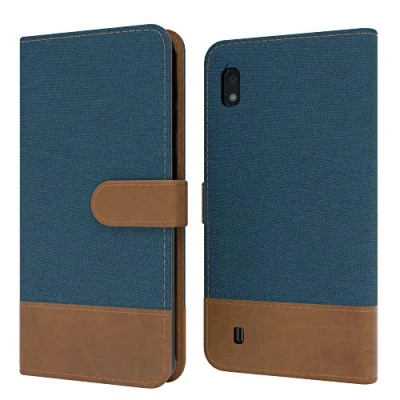 Abbildung von EAZY CASE Tasche kompatibel mit Samsung Galaxy A10 Stoff Schutzhülle Standfunktion Klapphülle Bookstyle, Handytasche Handyhülle Cover Magnetverschluss und Kartenfach, Kunstleder, Dunkel Blau