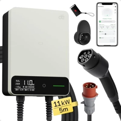 Abbildung von dé Typ 2 Wallbox 11kW mit APP und RFID, 6 16A 3 Phasen EV Ladegerät 400V 5m Ladekabel Kabelhalter für BEV/PHEV, RCD B &amp; IP54 Schutz, effiziente Ladestation Zuhause, weiß