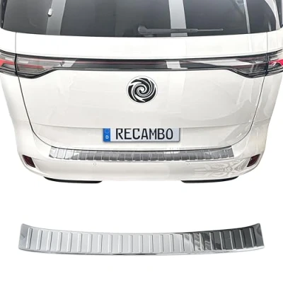 Abbildung von RECAMBO Ladekantenschutz Edelstahl kompatibel für VW ID Buzz BJ ab 2022 Hochglanz poliert, Chrom Look Styling und Schutz die Stoßstange