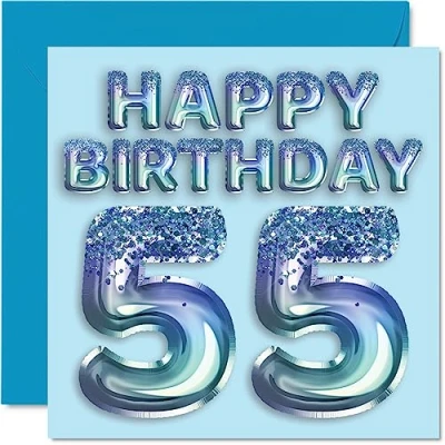 Abbildung von Geburtstagskarte zum 55. Geburtstag für Männer Blauer Glitzer Partyballon Happy Birthday Karten 55 Jahre alten Mann, Onkel, Großvater, Vater, Opa Oma, 145 mm x mm, Fifty Five Fifth