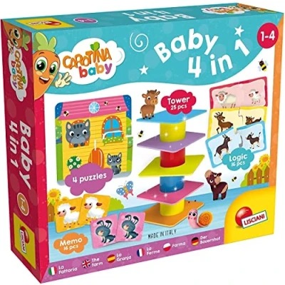 Abbildung von Lisciani CAROTINA BABY 4 in 1 Lernspielset für Kinder von bis Jahren: Balancier Turm, Puzzles, Memo, Logikspiele Thema: Bauernhof und Tiere Lernen Entwickeln die Kleinen