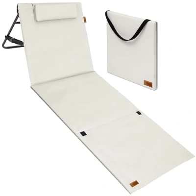 Abbildung von DETEX® Strandmatte mit Rückenlehne Gepolstert Beige Sonnenliege klappbar UV beständig Tasche Reißverschluss Kissen Tragegurt Garten Camping Picknick Liegematte 158x56cm