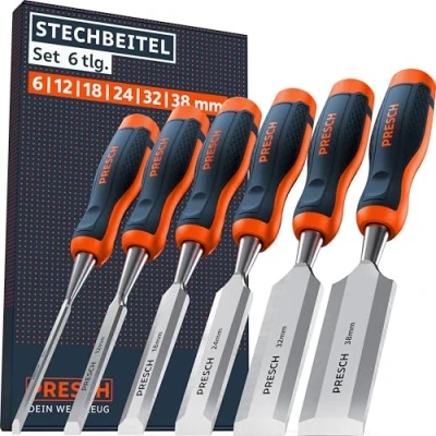 Abbildung von Presch Stechbeitel Set für Holz 6tlg. Fertig geschliffene Stemmeisen (6, 12, 18, 24, 32, 38mm) Profi Stecheisen mit 25 Keilwinkel robuster Metallschlagkappe
