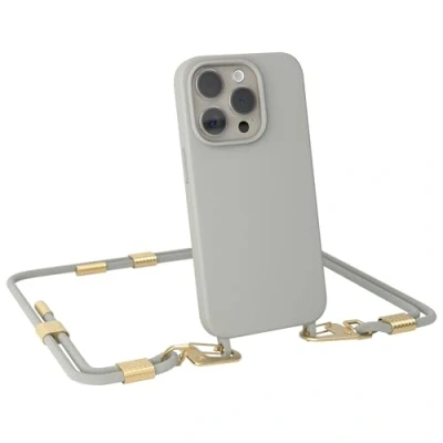 Abbildung von EAZY CASE Handykette mit Karabiner kompatibel iPhone 15 Pro Hülle Silikon Fallschutz Handyhülle für Kette zum Umhängen Schutzhülle Mikrofaser in Taupe Clips Gold