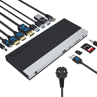 Abbildung von USB C Docking Station mit 100W DC Netzteil, WAVLINK Triple Display DockingStation Hub HDCP, Dual HDMI, DisplayPort, Gigabit Ethernet, 3 USB, BC1.2 SD/TF, Audio Port für Windows, Mac