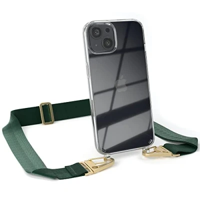 Abbildung von EAZY CASE Hülle mit Band kompatibel iPhone 13 Handyhülle Umhängeband für Silikonhülle Transparent Schutzhülle Handykette zum Umhängen Handykordel Smartphone in Grün Gold