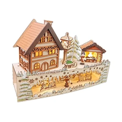 Abbildung von LED Holz Weihnachtsdorf Szene auf 2 Etagen 30 cm Winterdorf und Wald mit 5 Weihnachtsdeko Tischdeko beleuchtet