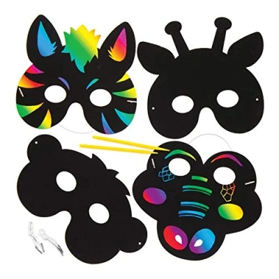 Abbildung von Baker Ross Kratzbild Masken „Dschungeltiere“ (6 Stück) Regenbogenpapier mit Kratzwerkzeug für Kinder zum Basteln und Dekorieren