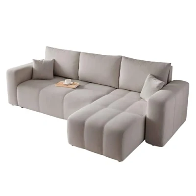 Abbildung von GREKPOL Sofa mit Schlaffunktion 145x248 Hellgrau Ecksofa und Bettkasten 3 Sitzer Schlafsofa Couch