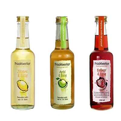 Abbildung von Fruchtwerker Essig und Frucht Set I Verschiedene Sorten Fruchtig Fruchtessig Rein Pflanzlich Süß In Glasflaschen (Erdbeere + Apfel Zitrone)