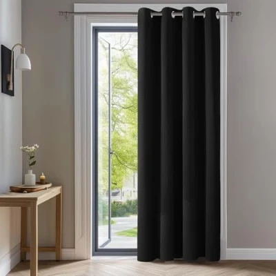 Abbildung von Deconovo Verdunkelungsvorhang mit Ösen Blickdichte Gardine Kälteschutz Thermogardinen Wärmeisolierend, 240x140 cm(HöhexBreite), Schwarz, 1 Stück