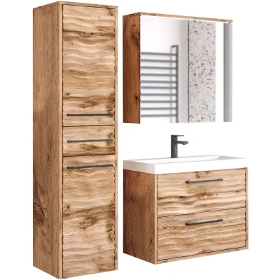 Abbildung von welltime Badmöbel Set &quot;Canada&quot;, (Komplett Set, 3 St., Fronten mit Wellenstruktur), Soft Close, Spiegelschrank, Waschtisch Becken