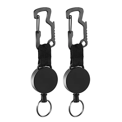 Abbildung von Ausziehbarer Schlüsselanhänger, SchlüSselband Ausziehbar mit Multitool Karabiner, SchlüSselrolle Stahldrahtschnur bis zu 63 cm, schwarz