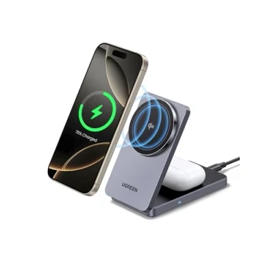 Abbildung von UGREEN MagFlow Qi2 zertifizierte 15W iPhone Ladestation, 2 in 1 magnetische Ladestation kompatibel mit MagSafe, faltbares Wireless Charger für 16/15/14/13/12, AirPods 2/3, 1M Kabel