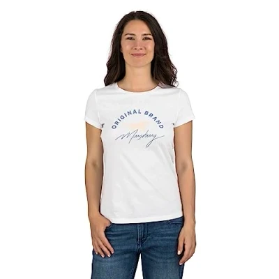 Abbildung von MUSTANG Damen T Shirt 4er Pack Slim Fit Rundhals O Neck Basic Kurzarm Logo Print Sommer 100% Baumwolle Weiß Blau Grün Rot S M L XL XXL, Größe:L, Farbe:Farbmix 1