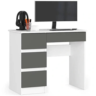Abbildung von AKORD Computertisch Schreibtisch 4 Schubladen Komfort Hohe Qualität Solide Für Zuhause das Büro Ergonomie die Arbeit B90 x H77 T50 cm Weiß &amp; Graphitgrau Front