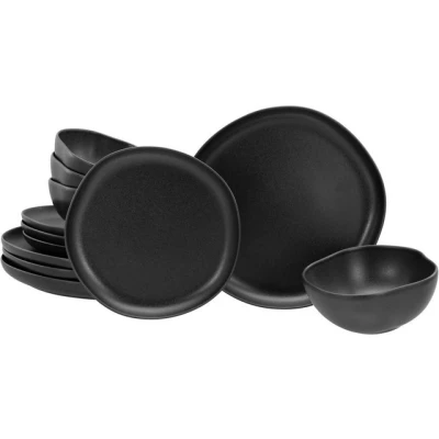 Abbildung von CreaTable, 21248, Serie Natura Organic BLACK, 12 teiliges Geschirrset, Teller Set aus Steinzeug, spülmaschinen und mikrowellengeeignet, Made in Portugal