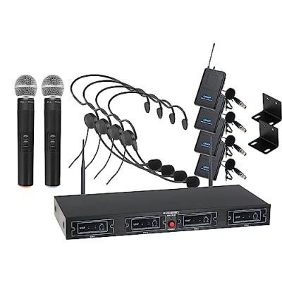 Abbildung von McGrey UHF 2V4H Quad Funkmikrofon Set (4 Kanal Empfänger, 2 dynamischen Handmikrofone, 4 kompakte Funk Taschensender mit Gürtelclip, Headsets, Reichweite 50 Meter, Betriebsdauer ca. 8 Stunden)