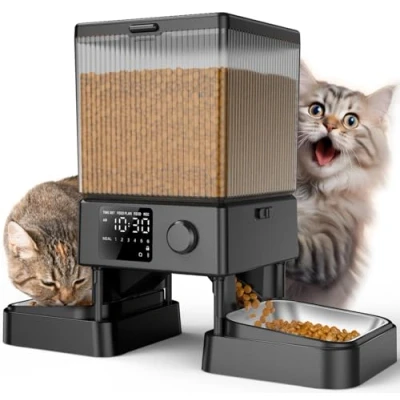 Abbildung von oneisall 5L Futterautomat Katze 2 Näpfe, Katzenfutter Automat mit einem Knopf, Einfache Bedienung, Futterspender für Katzen/Hunde, Edelstahlschüssel, Voice Recorder, kleine/mittlere Haustiere