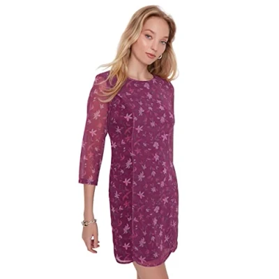 Abbildung von Trendyol Damen Woman Mini Skater Tiefer Rundhals Webstoff Kleid, Burgundy, 40